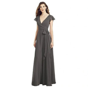 AFTER SIX • NWT FLUTTER SLEEVE FAUX WRAP CHIFFON DRESS IN CAVIAR GRAY